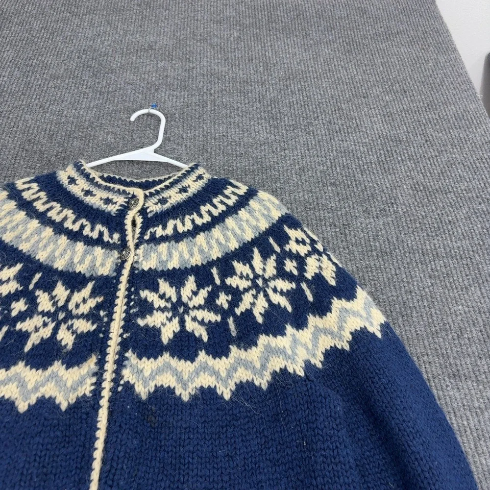 Vintage Cardigan Womens L Blue Wool Nordic Fair Isle Snowflake Chunky Boho Style